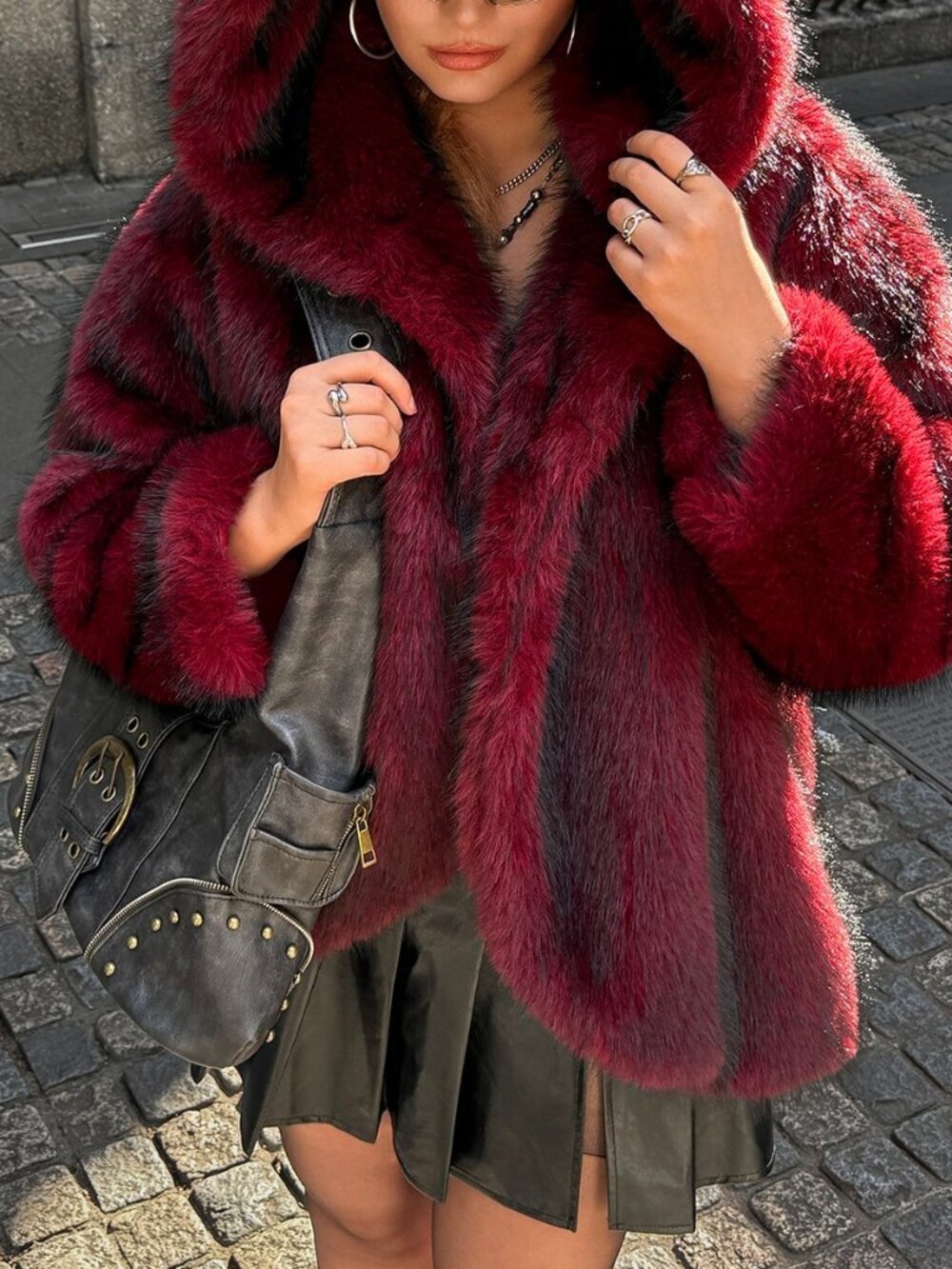 Burgundy Casual Women's Winter Faux Fur Hooded Single-Breater Jacket